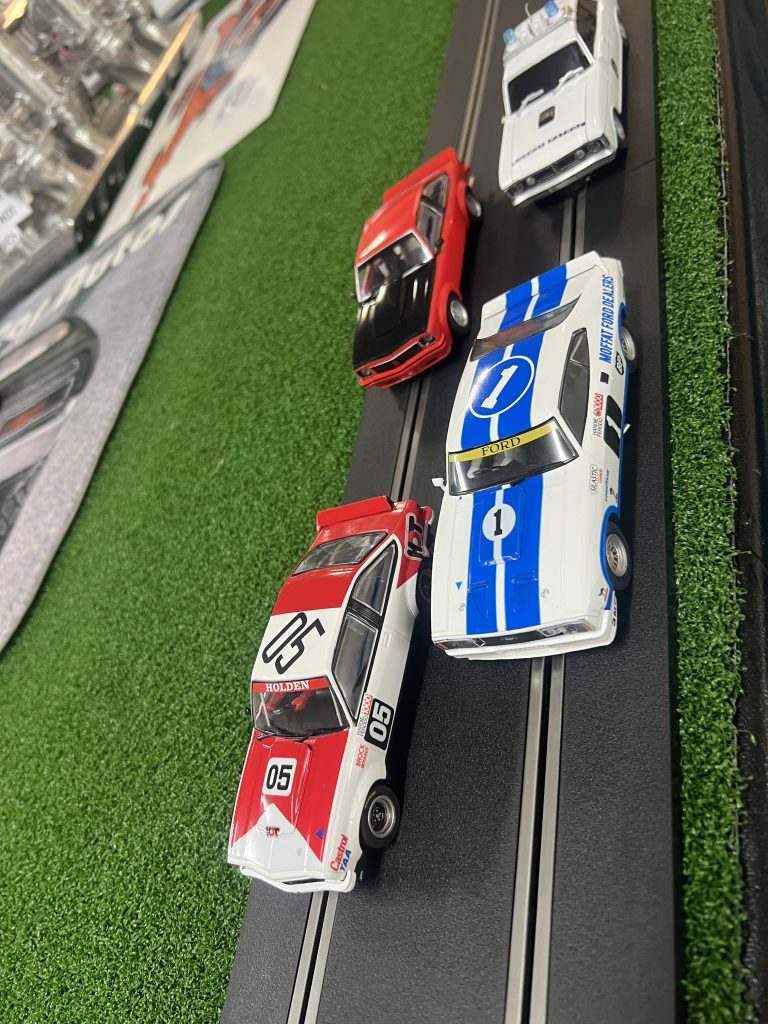 Scalextric slot cars on the museum racing track