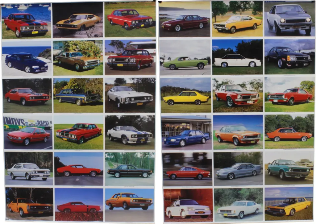 Poster collage of dozens of classic Australian Holden, Ford and Chrysler muscle car photos