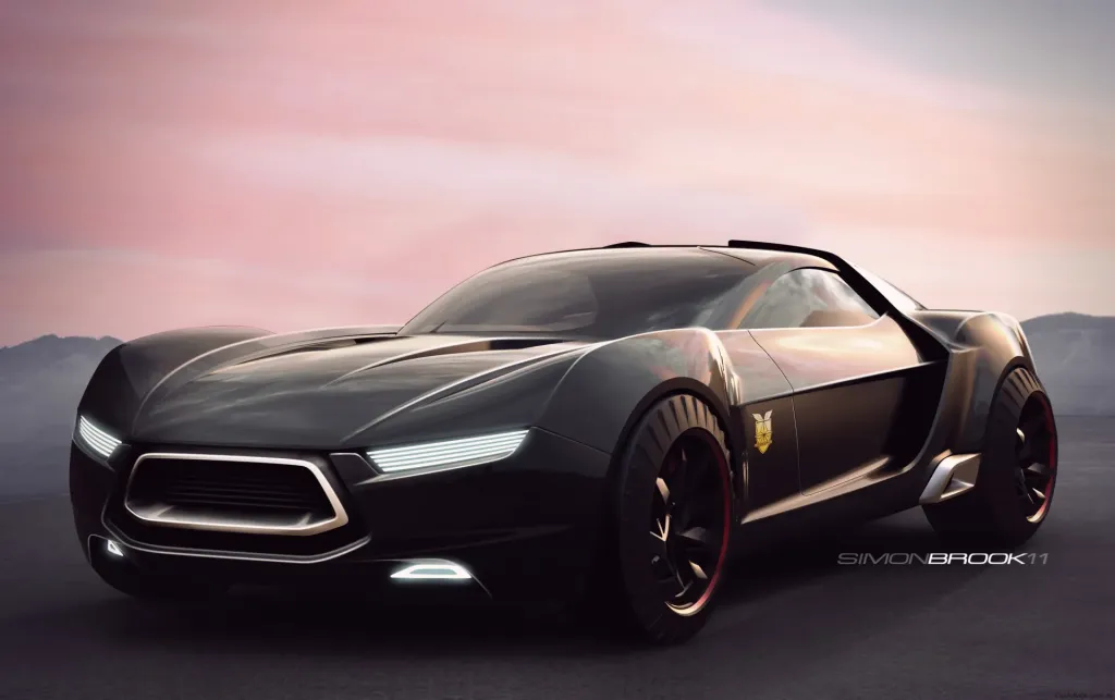 Digital rendering of a black modern muscle car concept with slim LED headlights against a pink sky