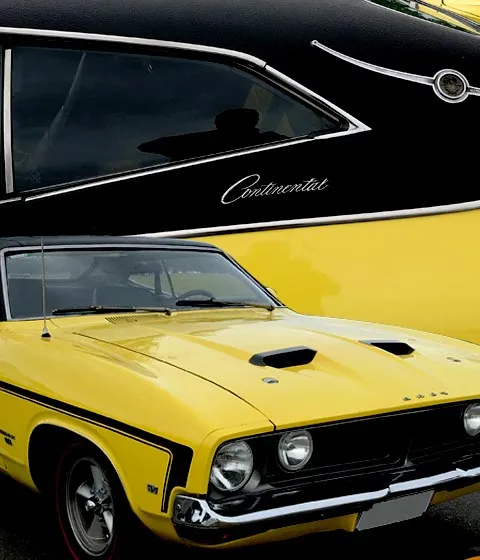 Collage of a yellow Ford Falcon hardtop bonnet with scoops in front of the side of a black Lincoln Continental