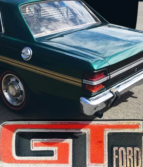 Rear of a green Ford Falcon XY GT sedan with gold stripes, above a close-up of its red GT Ford badge