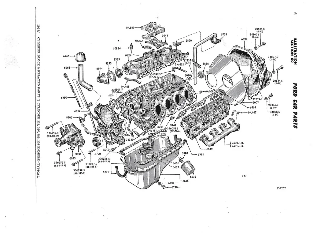 Ford Car Parts exploded diagram of a V8 cylinder block and related engine parts