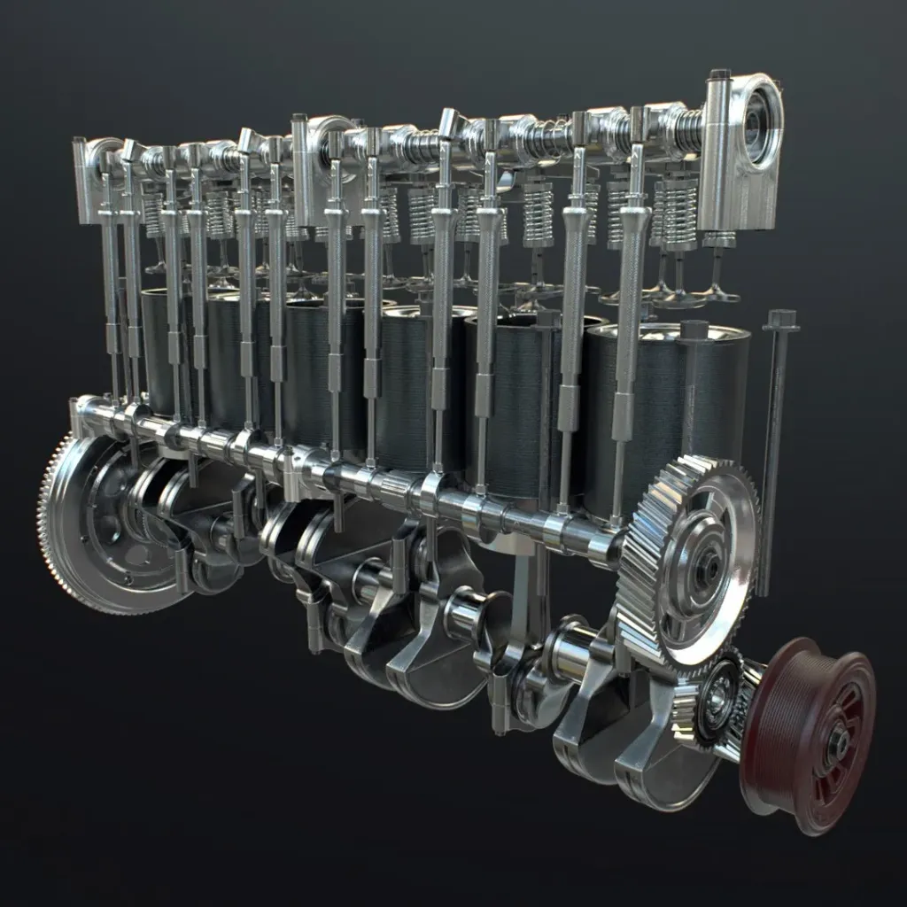 Rendering of inline six-cylinder engine internals showing crankshaft, pistons, camshaft and valves