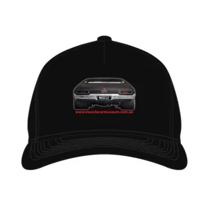 Black trucker hat printed with the rear of a car with a MUSCLE numberplate and the museum web address