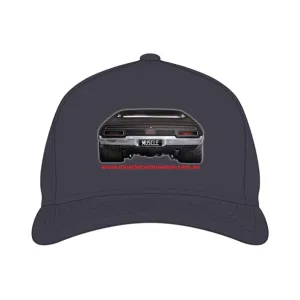 Navy cap printed with the rear of a black muscle car with a MUSCLE numberplate and the museum web address