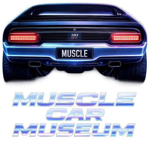 Muscle Car Museum logo showing the rear of a dark coupe with a MUSCLE numberplate above chrome lettering