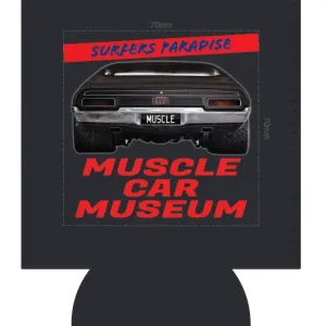 Black stubby cooler design with a car rear, Surfers Paradise banner and red Muscle Car Museum lettering