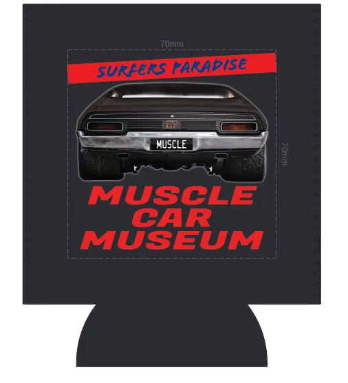 Black stubby cooler design with a car rear, Surfers Paradise banner and red Muscle Car Museum lettering