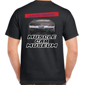 Back of a black T-shirt printed with Surfers Paradise Muscle Car Museum and a muscle car rear view