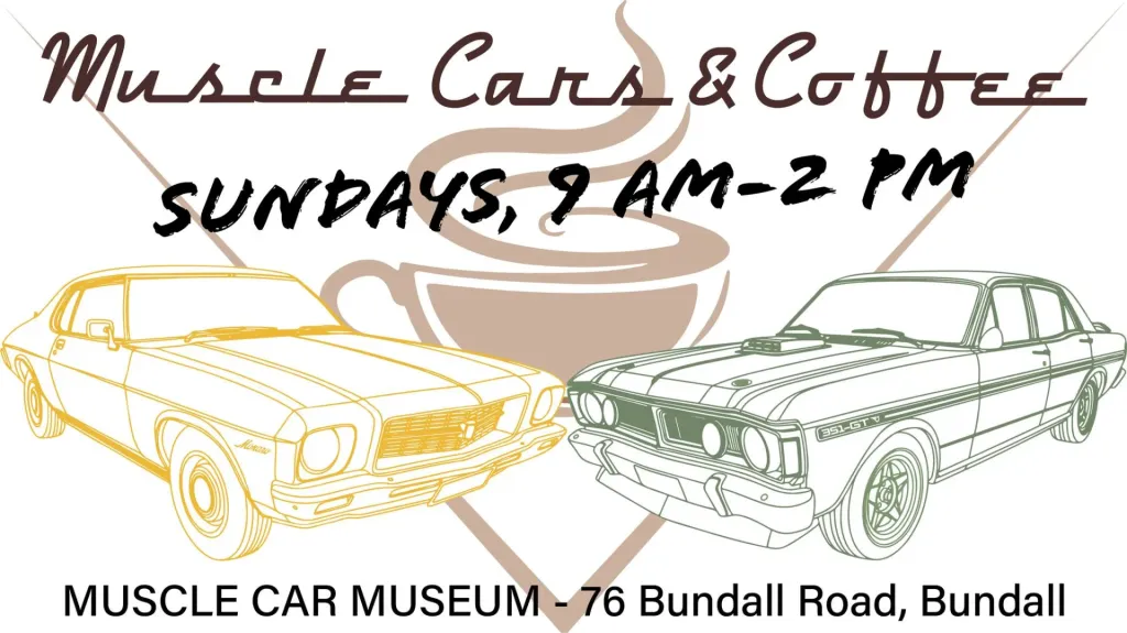 Muscle Cars and Coffee flyer, Sundays 9am to 2pm, at 76 Bundall Road, Bundall, with two line-drawn classic cars