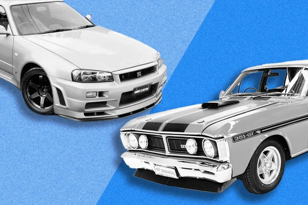 Black and white Nissan Skyline GT-R and Ford Falcon 351 GT on a split blue background