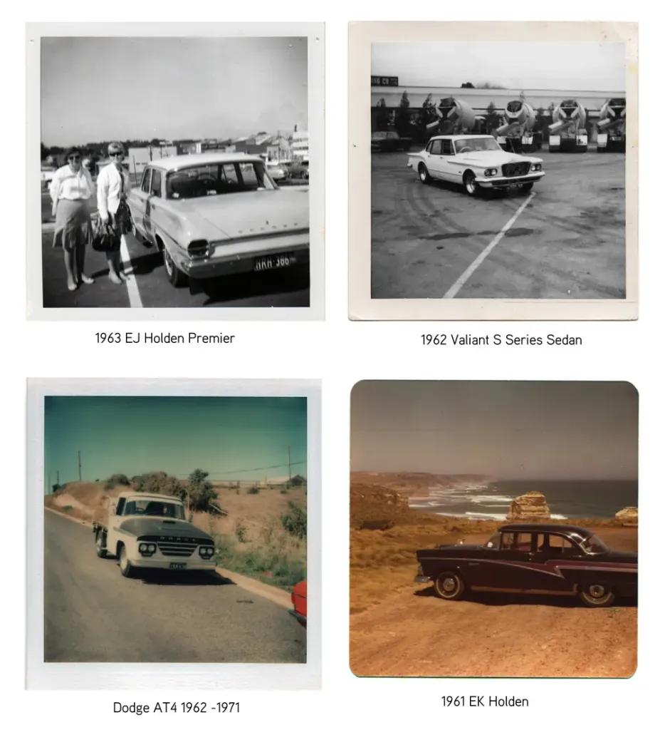 Four old photos of an EJ Holden Premier, Valiant S Series sedan, Dodge AT4 truck and EK Holden, with captions
